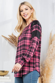 Women's Casual Plaid Pullover with Sequin Foil Sleeves