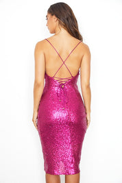 Women's Sequin Cowl Front Bodycon Dress with Lace-Up Back