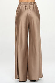 Stretch Satin Pants w/ Elastic Waist and Pockets.