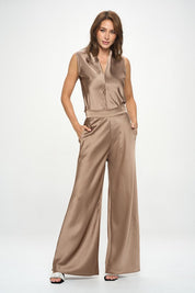 Stretch Satin Pants w/ Elastic Waist and Pockets.