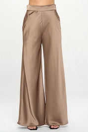 Stretch Satin Pants w/ Elastic Waist and Pockets.