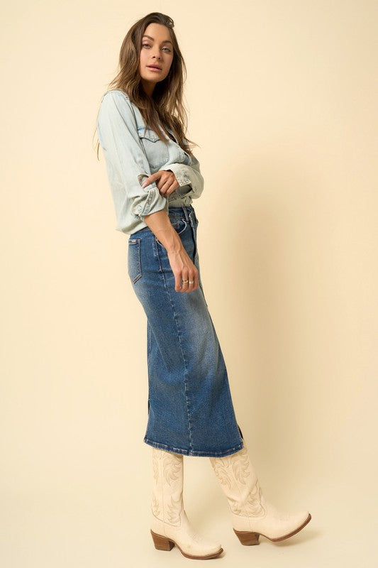 Women's Crossover Midi Skirt with Front Slit in Dark Denim