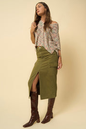 Women's Casual Olive Cargo Midi Skirt