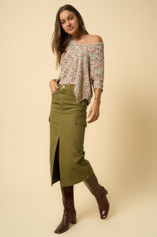 Women's Casual Olive Cargo Midi Skirt