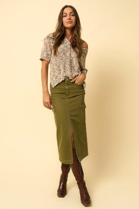 Women's Casual Olive Cargo Midi Skirt