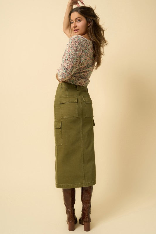 Women's Casual Olive Cargo Midi Skirt