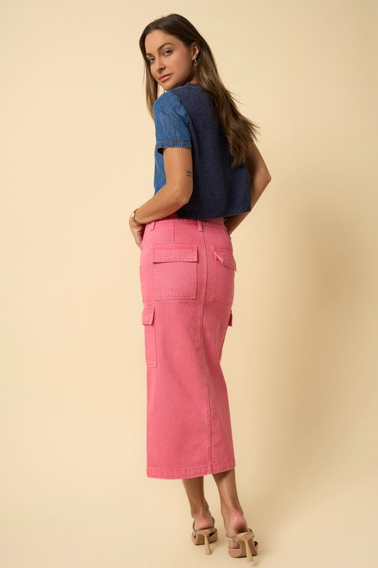 Women's Casual Pink Dye Cargo Midi Skirt