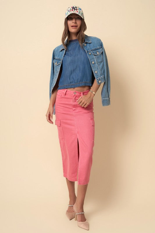 Women's Casual Pink Dye Cargo Midi Skirt