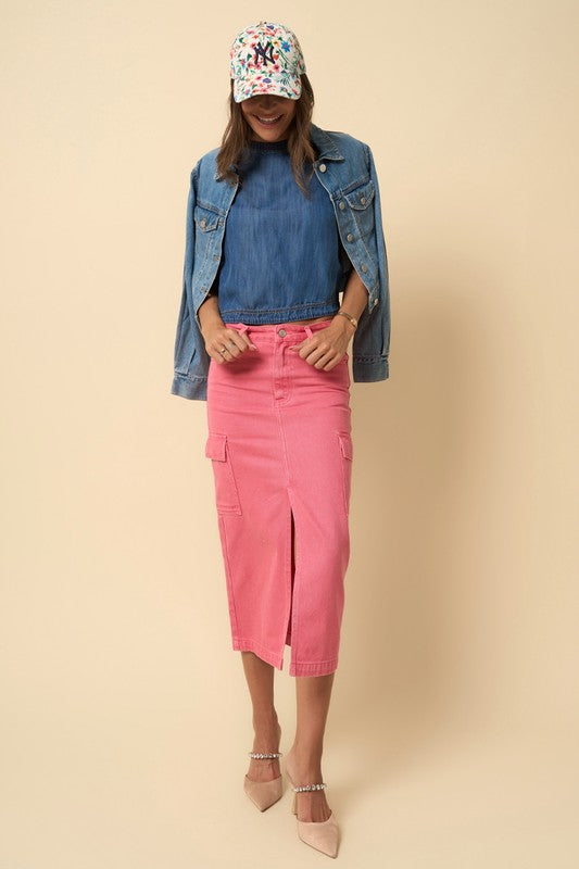 Women's Casual Pink Dye Cargo Midi Skirt