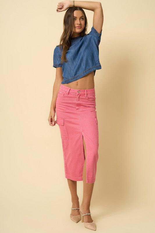 Women's Casual Pink Wash Cargo Midi Skirt