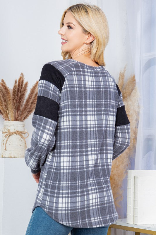 Women's Casual Plaid Pullover Sweater with Puff Sleeves