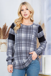 Women's Casual Plaid Pullover Sweater with Puff Sleeves