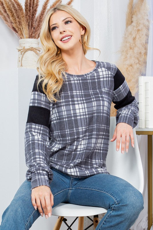 Women's Casual Plaid Pullover Sweater with Puff Sleeves