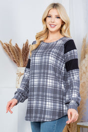 Women's Casual Plaid Pullover Sweater with Puff Sleeves