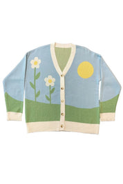 Women's Button Front V Neck Flower Field Knit Cardigan