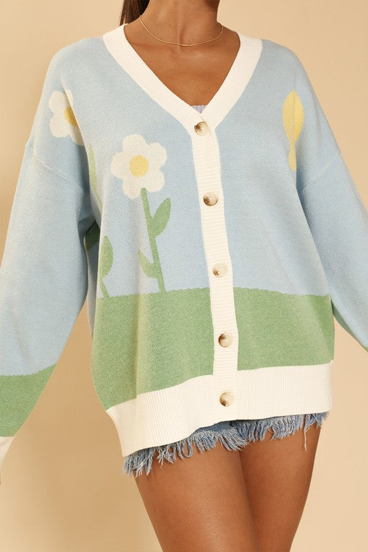 Women's Button Front V Neck Flower Field Knit Cardigan