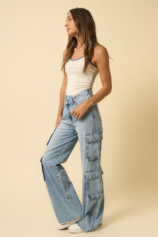 Women's Relaxed Fit Cargo Jeans with 9 Pockets