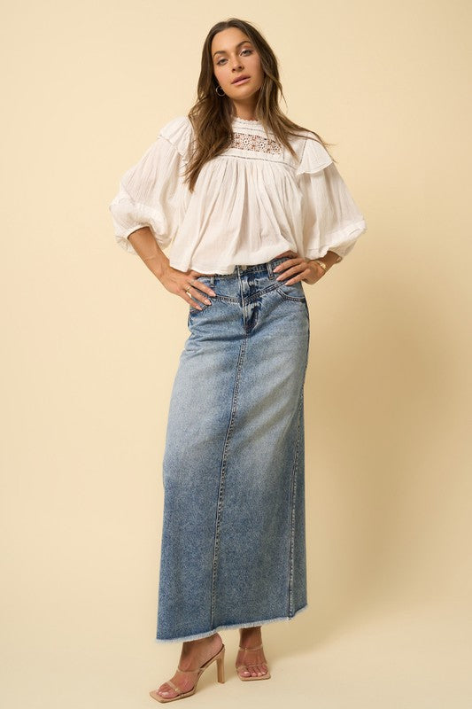 Women's High Rise Flared Denim Maxi Skirt