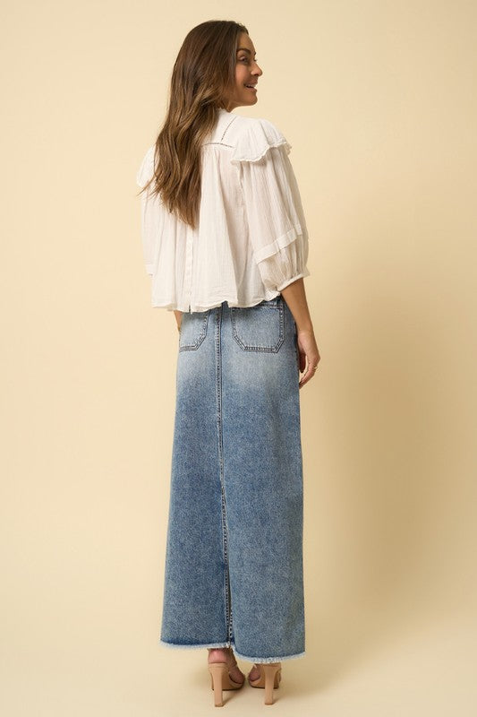 Women's High Rise Flared Denim Maxi Skirt