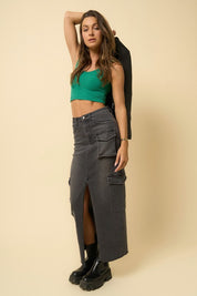 Women's Black Denim Maxi Cargo Skirt