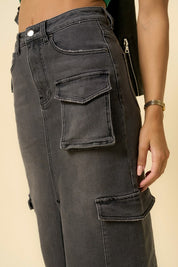 Women's Black Denim Maxi Cargo Skirt