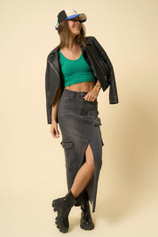 Women's Black Denim Maxi Cargo Skirt