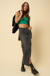 Women's Black Denim Maxi Cargo Skirt