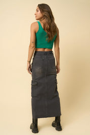 Women's Black Denim Maxi Cargo Skirt