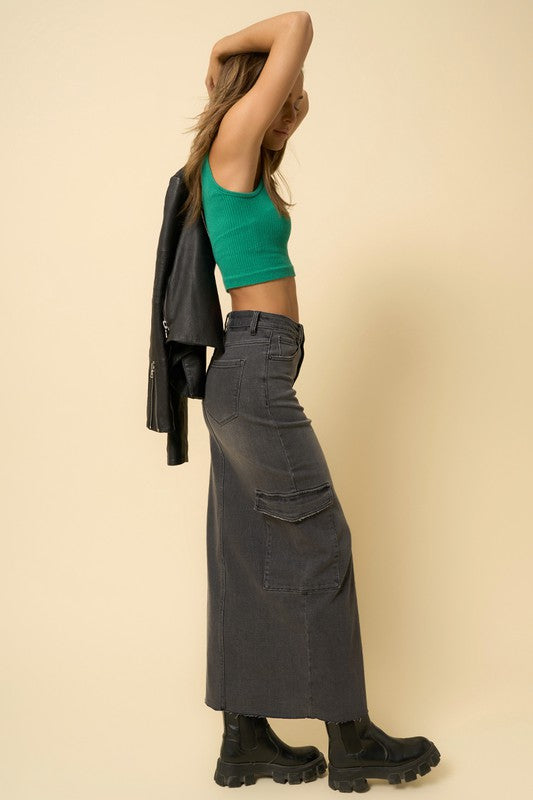 Women's Black Denim Maxi Cargo Skirt