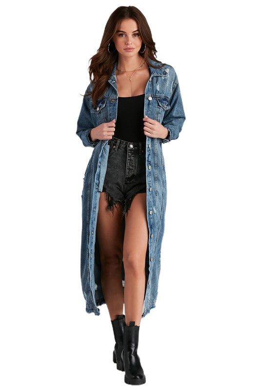 Women's Versatile Button-Up Denim Maxi Jacket