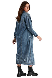 Women's Versatile Button-Up Denim Maxi Jacket