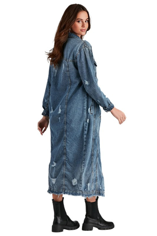 Women's Versatile Button-Up Denim Maxi Jacket