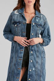 Women's Versatile Button-Up Denim Maxi Jacket