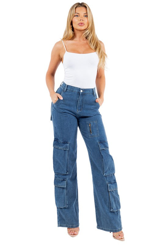 Women's Casual Boyfriend Denim Jeans with Cargo Pockets