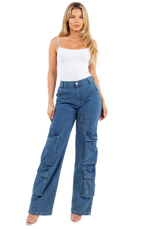 Women's Casual Boyfriend Denim Jeans with Cargo Pockets