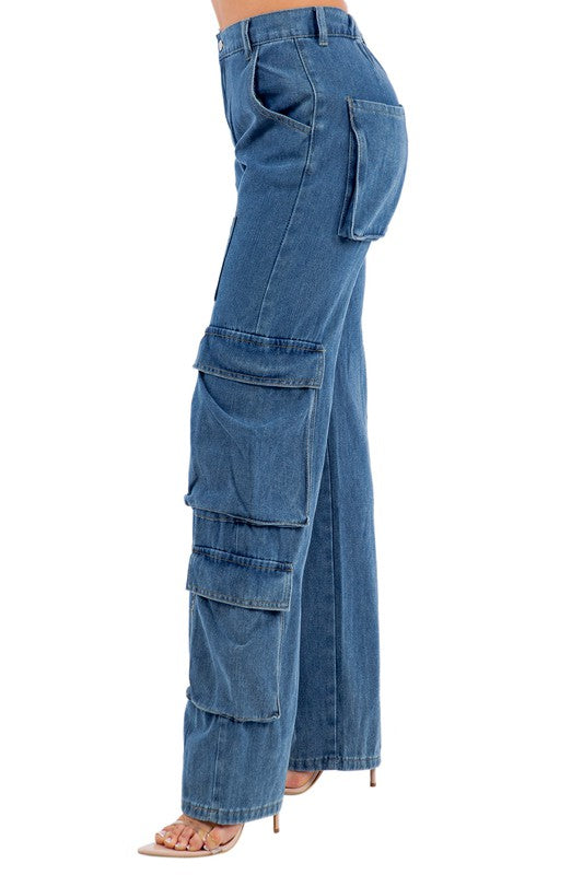 Women's Casual Boyfriend Denim Jeans with Cargo Pockets