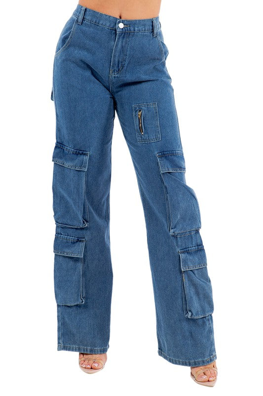 Women's Casual Boyfriend Denim Jeans with Cargo Pockets