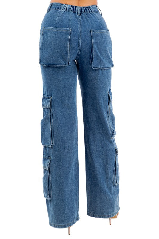 Women's Casual Boyfriend Denim Jeans with Cargo Pockets