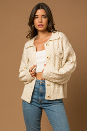 Women's Regular Fit Collared Cable Knit Cardigan