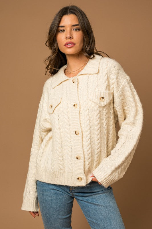 Women's Regular Fit Collared Cable Knit Cardigan