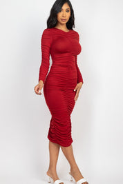 Women's Bodycon Ruched Long Sleeve Midi Dress