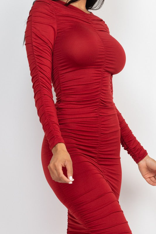 Women's Bodycon Ruched Long Sleeve Midi Dress