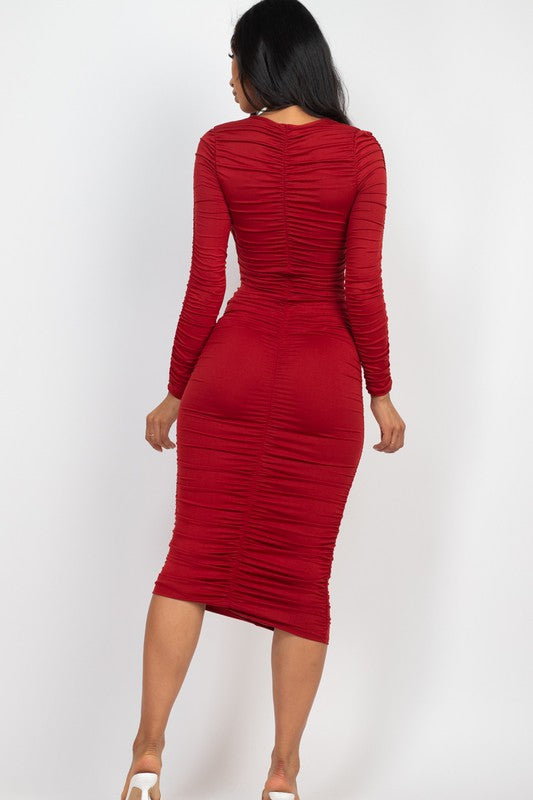 Women's Bodycon Ruched Long Sleeve Midi Dress