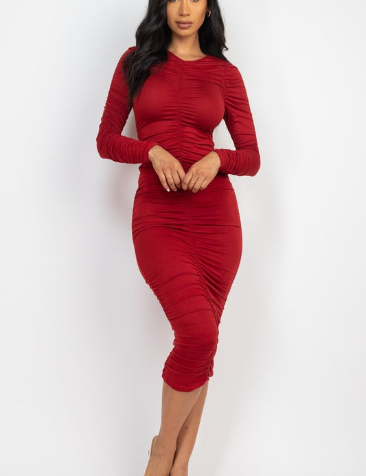 Women's Bodycon Ruched Long Sleeve Midi Dress