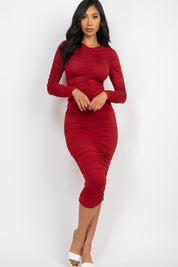 Women's Bodycon Ruched Long Sleeve Midi Dress