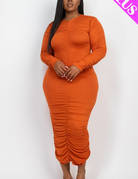 Women's Curvy Plus Ruched Long Sleeve Midi Dress