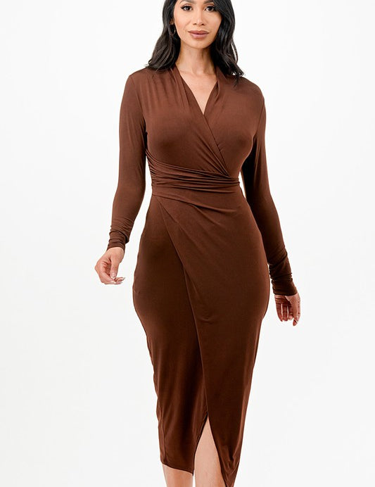 Women's Criss Cross Long Sleeve Bodycon Midi Dress