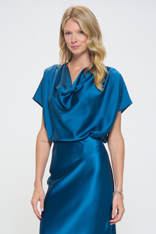 Women's Satin Cowl Neck Short Sleeve Top