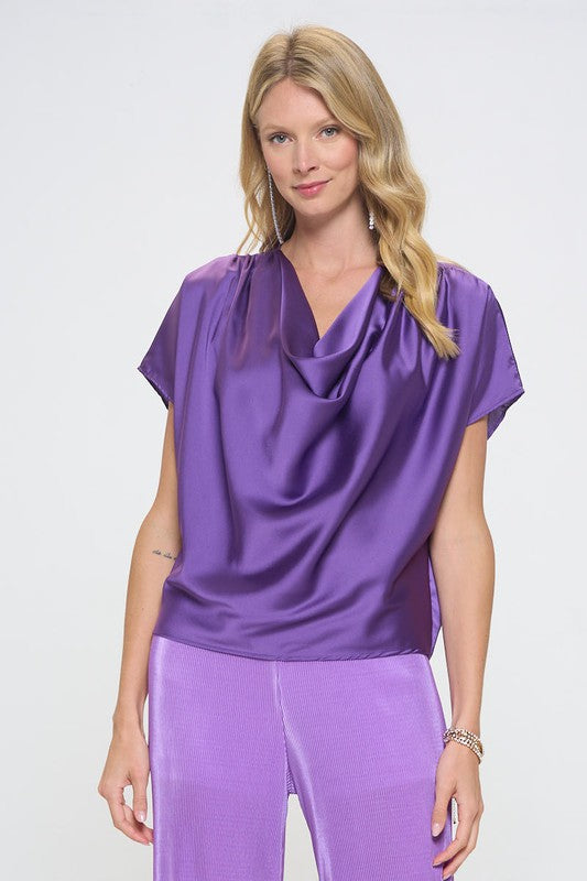 Women's Satin Cowl Neck Short Sleeve Blouse