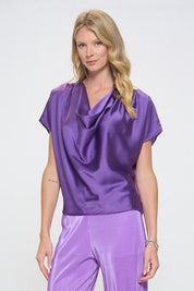 Women's Satin Cowl Neck Short Sleeve Blouse